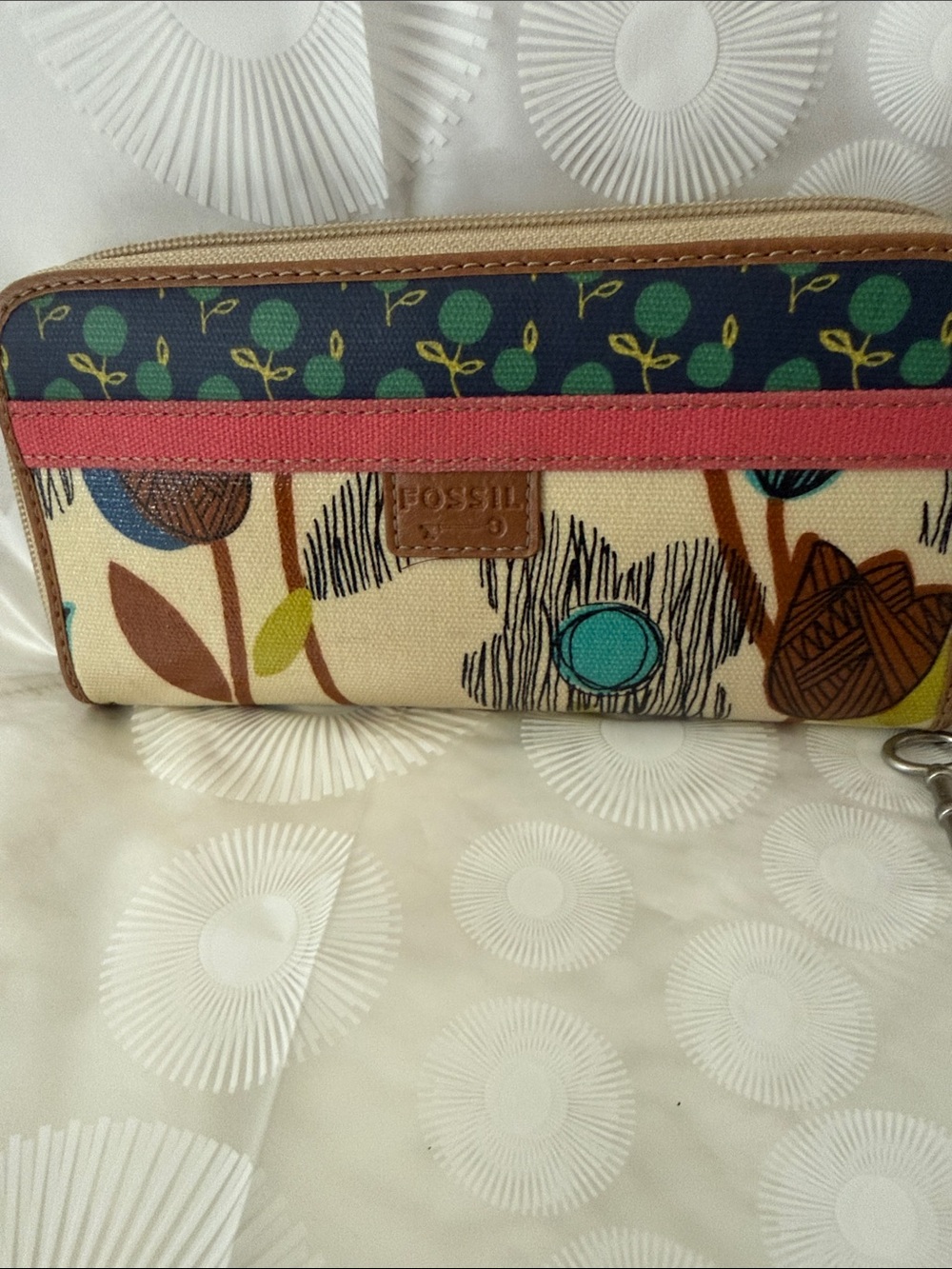 Fossil Floral Key-Per Wallet, Coated Canvas, Cream, Teal, Pink w/Brown leather